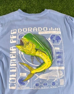 Camisa COLUMBIA PFG Para Hombres Mediana Azul Dorado Pez Doble Cara Logo Camiseta de Pesca - Imagen 1 de 9