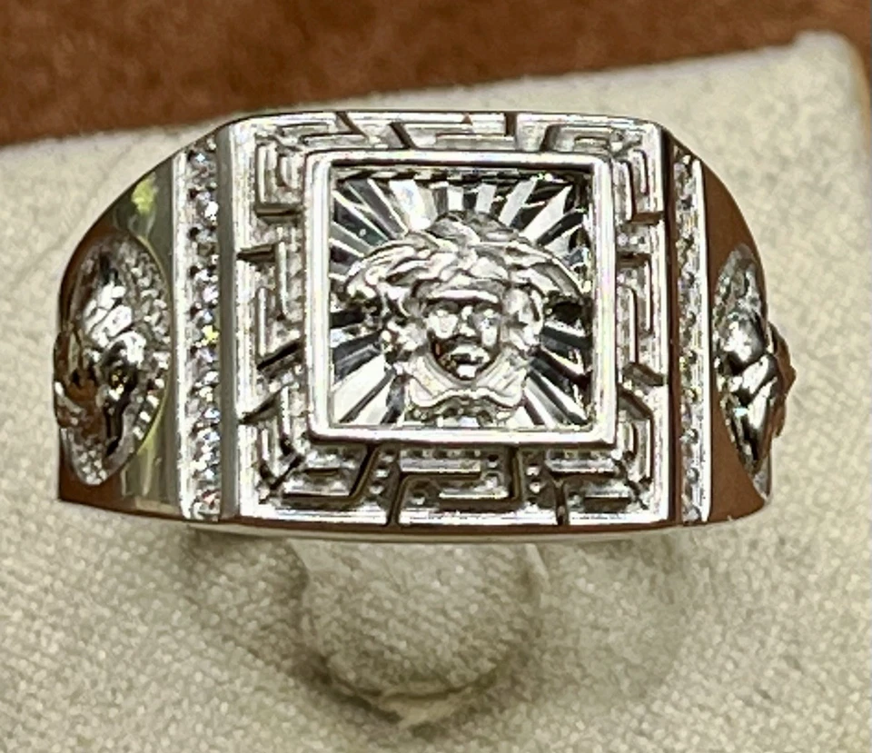 Anillo de plata esterlina con cabeza de Medusa y llave griega para hombre corte talla 12 firmado Foto 1 de 4