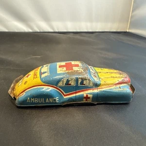 Selten Vintage 1950er Krankenwagen blau/gelb Blech Litho Spielzeug 3" Auto Japan A12 - Bild 1 von 6