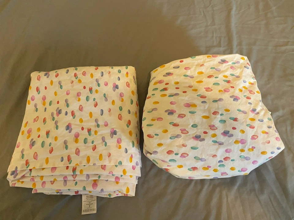 Juego completo de sábanas Pottery Barn Teen puntos de colores 1 ajuste 1 algodón orgánico plano Foto 1 de 4