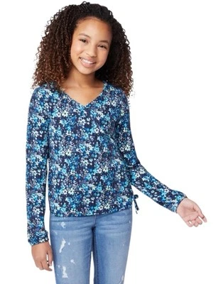 Justice Girls Top Blue Size 16/18 Soft Rib Pullover Side Lace Up Flowers - Image 1 of 4