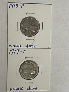 Lot von 2 Münzen 1918-P & 1919-P Buffalo Indian Head Nickels kostenloser Versand - Bild 1 von 7