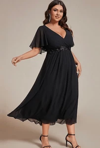 Ever-Pretty Women's V Neck Pleated Chiffon Applique Ruffles Sleeves Maxi - Picture 1 of 8