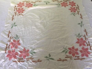 Hand Embroidered Card Table Tablecloth 33 X 34" - Picture 1 of 5