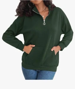 YYA Pullover in Pile Donna Quarto Zip Casual 1/4 Zip Felpa con Tasca-S VERDE - Foto 1 di 8