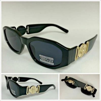 New CLASSIC HIP HOP RAPPER Style SUNGLASSES Black Frame Gold Medallion Dark Lens - Image 1 of 4