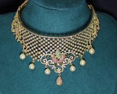 Kali: Pave Ruby, Emerald and Diamond Choker with Cream Pearls Set (lab-created) - Image 1 of 4