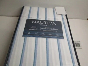 Nautica Home Queen Sheet Set EAKLY 500 Thread Count ~ Blue, Teal, White Stripe - Picture 1 of 4