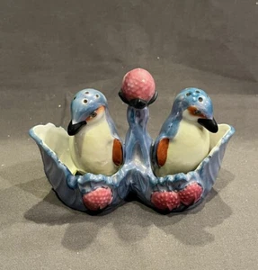 Vintage Lusterware Baby Pinguin Salz- und Pfefferstreuer mit Tablett blau orange Japan - Bild 1 von 14