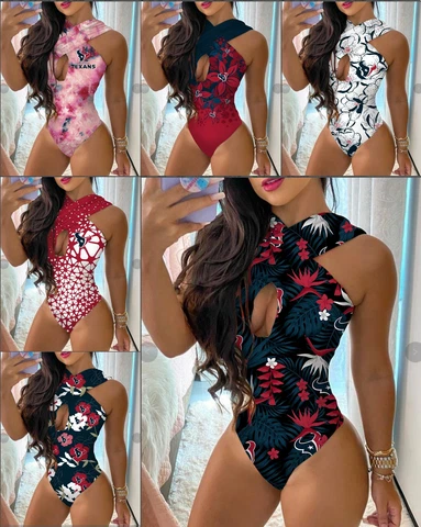 Houston Texans Womens One Piece Halter Neck Bathing Suit Front Cutout Swimwear Cover