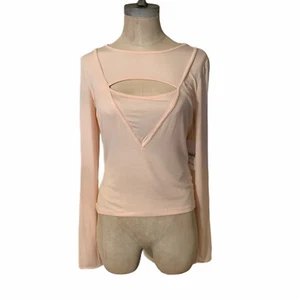 Guess Womens Size S Blairre Pale Pink Cut Out Long Sleeved Ribbed Tee - Picture 1 of 8