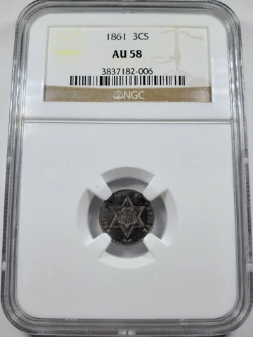 1861 3-cent Silver, NGC AU58, subtle color, a sweet type coin Cover