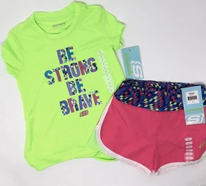 NWT Girls Sz 4 Skechers Athletic Shorts 2 Piece Outfit Pink Neon Green K5 - Picture 1 of 4