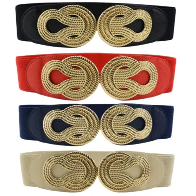 Women Ladies Gold Knot Buckle Elastic Belt Faux Leather Dress Waistband Décor  - image 1 of 4