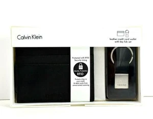 Calvin Klein Mens Leather RFIDCard Holder Wallet and Key Ring Set Black - Picture 1 of 3