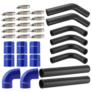 Universal 2.5" 63mm Aluminum Turbo Intercooler Pipe Tube Kit+Blue Hose+Clamps - Picture 1 of 12