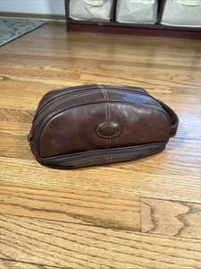 Fossil Brown Leather Toiletry Bag Shaver Dopp Travel Cosmetic Tote Compartments - Picture 1 of 8