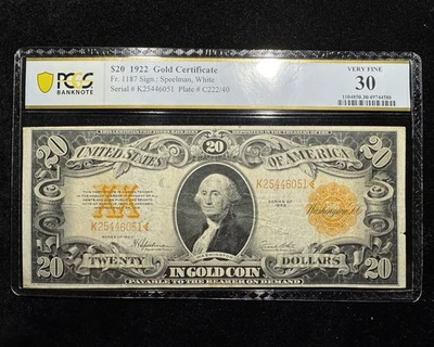 Certificado de oro de $20 de 1922 (Fr.1187) - $20 graduación profesional VF30 Speelman/blanco - Sin comentarios Foto 1 de 4