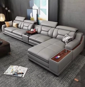 PRESALE Leather Sectional Sofa w/ Bluetooth, Massage Chaise & Headrests - Picture 1 of 7