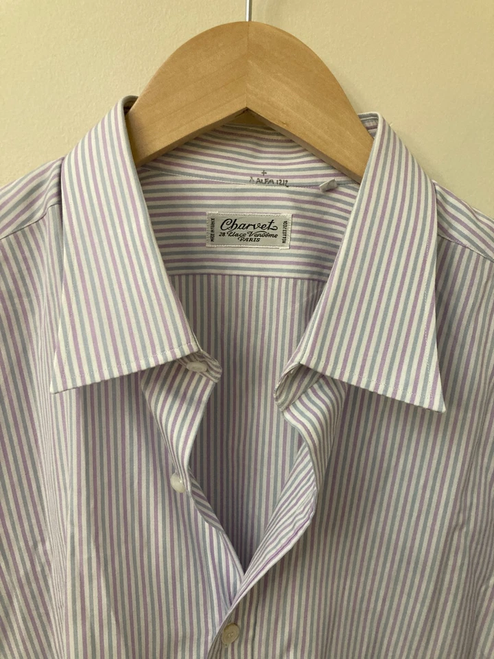 EUC CHARVET Dress Shirt Purple/Blue/White Striped 17.5/44 French Cuffs - Image 1 of 4