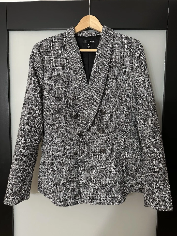 Blazer Aqua L Negro Gris Plateado Metálico Doble Pecho Tweed Blazer PRECIOSO Foto 1 de 4