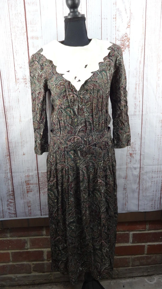 VTG Chel'sea Dress Floral 12 Lace Collar 80s Long Sleeve Modest Cottage USA - Image 1 of 4