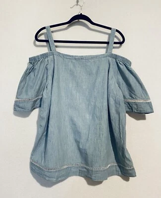 Ralph Lauren Top Womens 1X Cold Shoulder Chambray Crochet Trim Flowy Boho - Image 1 of 4