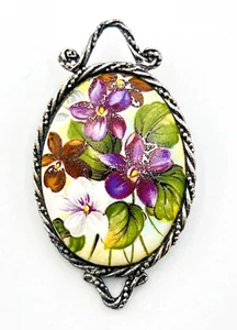 Vintage Etched Pewter Hand Painted Floral Stone Brooch - Picture 1 of 7