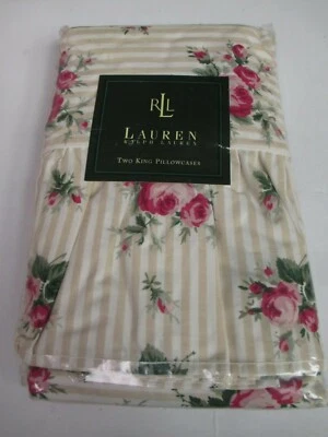 Rare Ralph Lauren Marseilles Stripe Beige Rose Floral Ruffled 2 King Pillowcases - Image 1 of 4