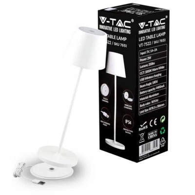 V-TAC Lampada LED da Tavolo 2W BIANCO, base Wireless 3000K IP54 VT-7522 SKU 7651 - Immagine 1 di 4