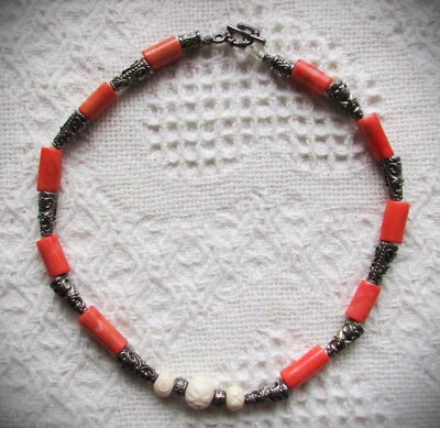 Collar estilo cuentas bizantinas hueso coral plata metal 18,5" Foto 1 de 4
