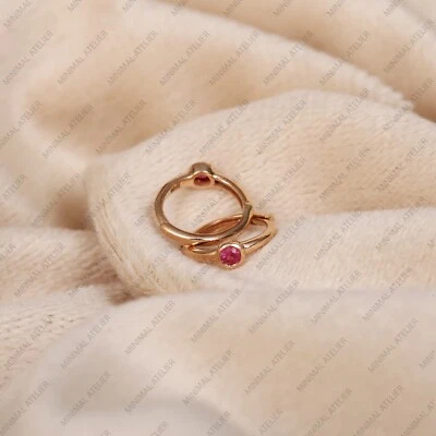 Pink Sapphire Huggies Hoops Earring Solid 14k Yellow Gold Earring, Wedding Hoop - Image 1 of 4