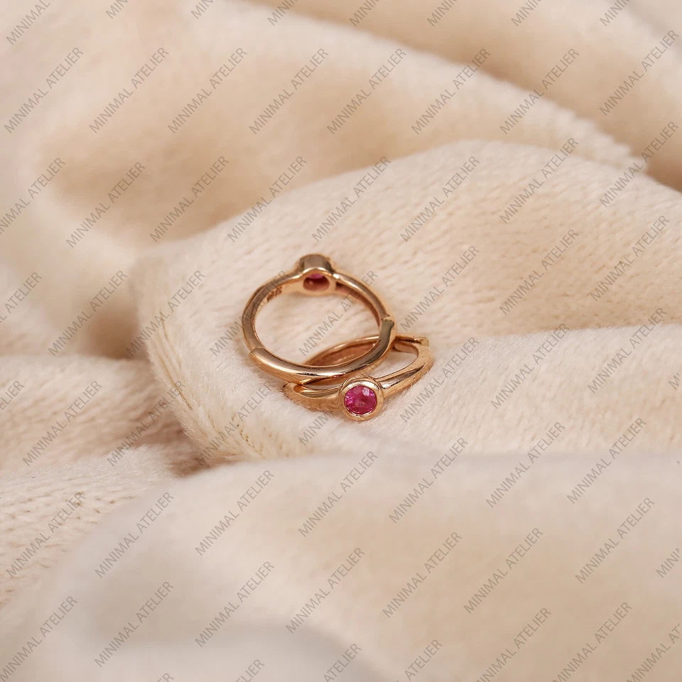 Pink Sapphire Huggies Hoops Earring Solid 14k Yellow Gold Earring, Wedding Hoop - Image 1 of 4