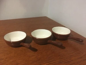 Vintage - French Sarreguemines Pottery - 3 x Brown Mini Pans with Handles 9x4cm - Picture 1 of 6