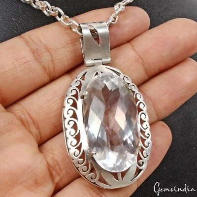 Colgante de piedras preciosas de cuarzo blanco natural de plata de ley 925 hecho a mano ~ 22 gm Foto 1 de 4