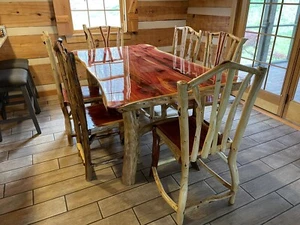 Rustic Live Edge Dining Table Set | 7pc Solid Wood Epoxy Log | 6 Chairs Handmade - Picture 1 of 12