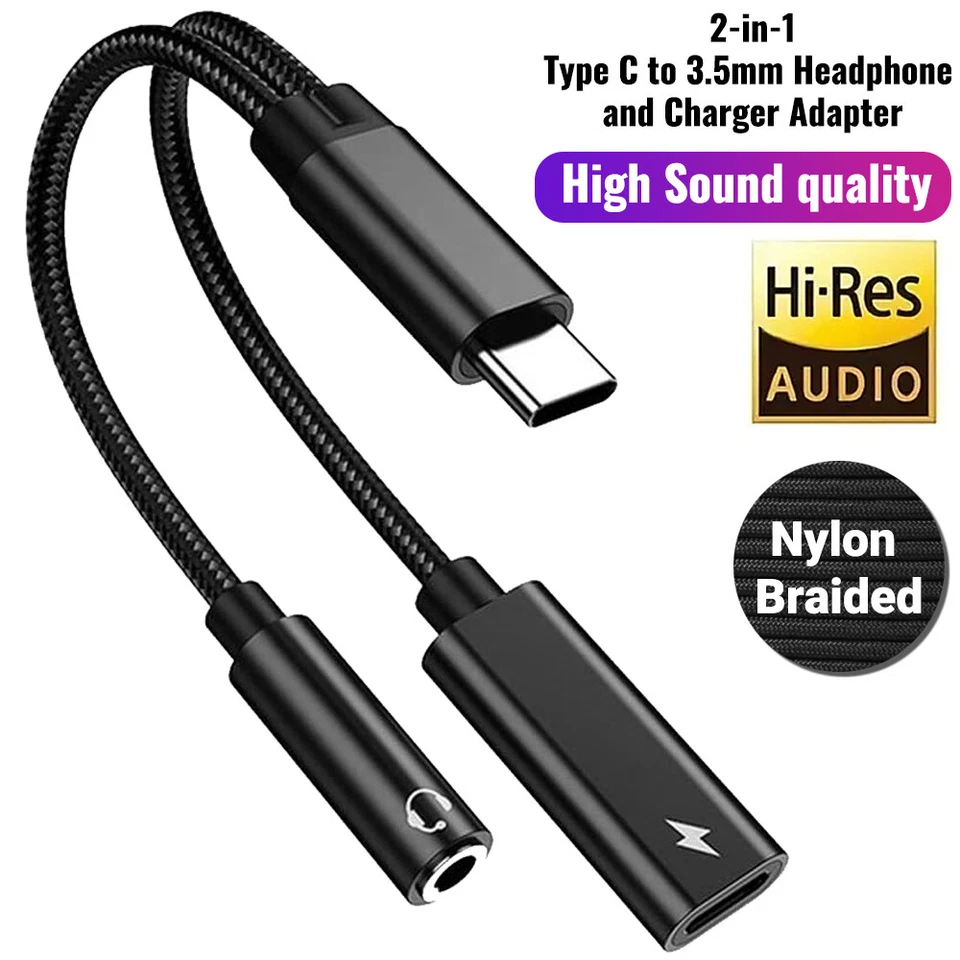 Cable Cargador Adaptador Conector Auriculares Audio AUX Audio 2 en 1 Tipo-C USB C a 3.5mm Nuevo Foto 1 de 4
