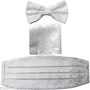 Brand New Paisley WHITE Men's Cummerbund And Bow tie & Pocket Square Hanky Set - Picture 1 of 1