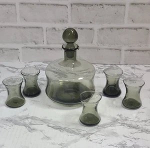 MCM Pitman Dreitzer Karaffe Rauchglas & 5 Cordial Schnapsgläser  - Bild 1 von 8