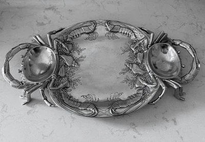 1988 GRANDE PRATO DE BANDEJA DE SERVIR ALUMÍNIO ARTHUR COURT CARANGUEJO FRUTOS DO MAR 23 1/4" - Imagem 1 de 4