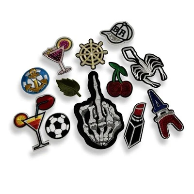 Iron-On Embroidered Patches Lot of 12 New Mixed Designs Cherries Skull Lipstick - Image 1 of 4