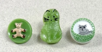 3 Adorable Vintage Glass Buttons - Teddy Bear, Moonglow Cat, Kitty in Basket - Image 1 of 2