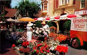 Disneyland Postcard Main Street Flower Mart Carnation Wagon Ice Cream Vintage - Picture 1 of 5