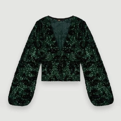 Maje sequin embroidered top green v neck balloon sleeve going out event party 1 - Image 1 of 4