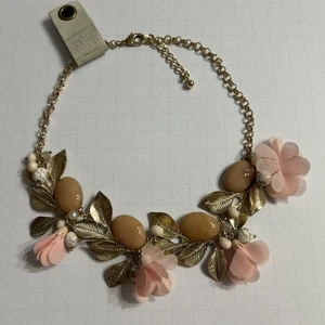 Anthropologie Gold Toned Necklace Pink Fabric Flowers & Beads *NEW* - Picture 1 of 4
