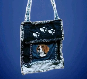 Beagle Puppy Purse Jean Denim Patchwork Dog Paw Print  Crossbody Bag   - Picture 1 of 6