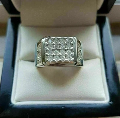 925 银男式结婚戒指圆形切割模拟钻石 14K 镀白金 — 第 1/4 张图片