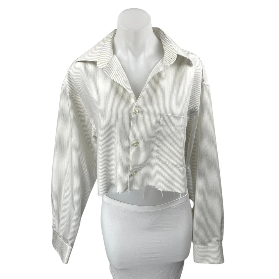 Camisa Top Axcess Para Mujer Blanca Rayas Manga Larga Recortada con Botones Talla 16 Foto 1 de 3