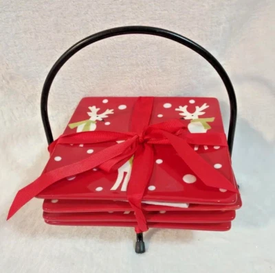 Christmas Dessert Plates Set of 4 Red with White Reindeer with Holder - Image 1 of 4