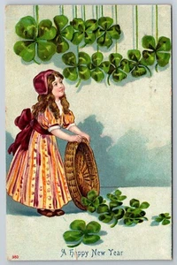 1908 Happy New Year Shamrocks Embossed Girl Dress PostCard - B4 - Picture 1 of 2